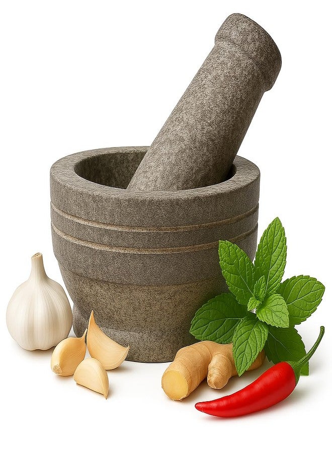 EZAHK Mortar and Pestle Set for Spices, Okhli Masher, Khalbatta, Kharal, Mixer, Natural & Traditional Grinder and Musal, Well Design for Kitchen, Home, Herb (5 inch) - Image 1